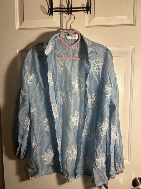 Commense Tops - Commense Light Blue Floral Embroidered Long Sleeve Button-Down Shirt